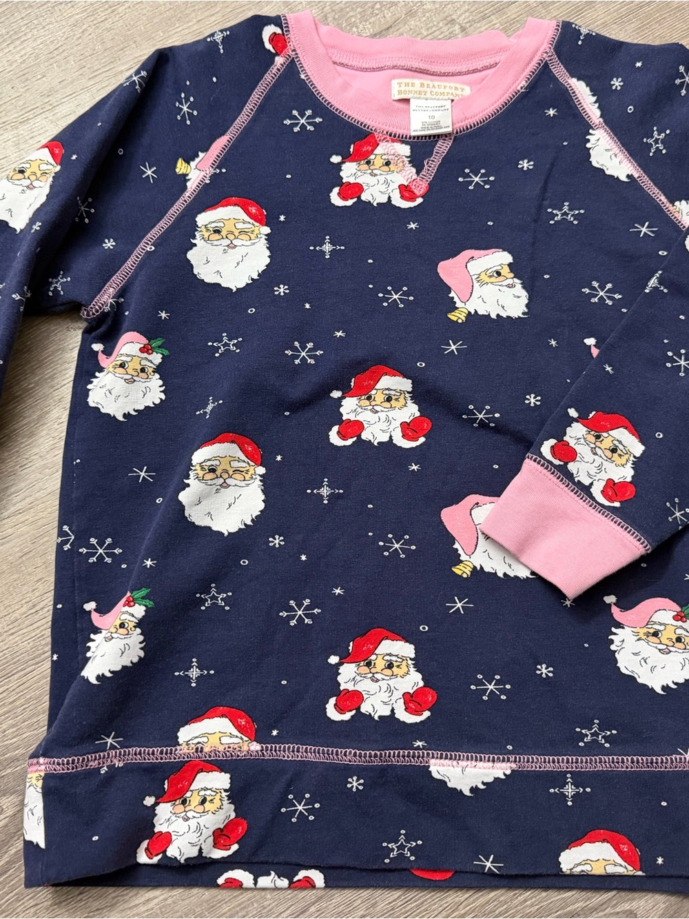 The Beaufort Bonnet Company Navy Santa Print Pajama Top with Pink Trim